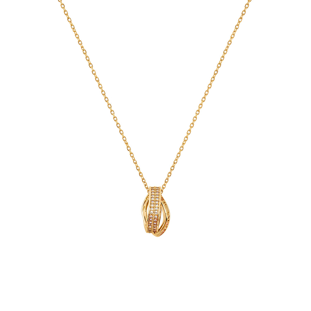 Gold-tone openwork pendant necklace with clear stone accents on a white background