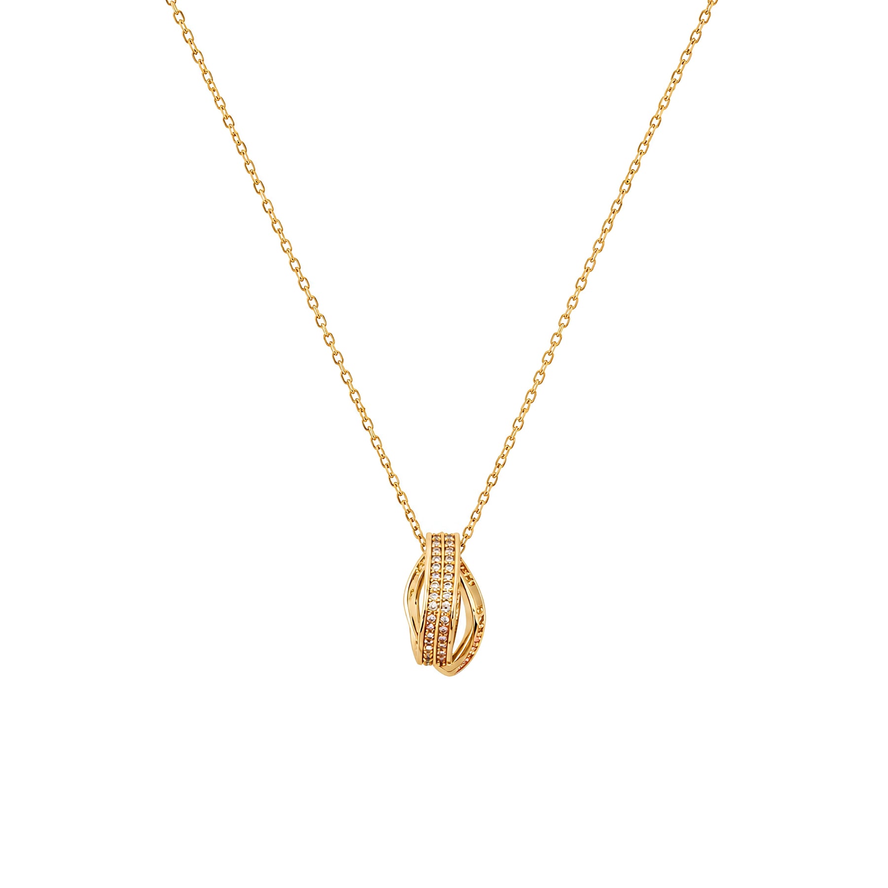 Gold-tone openwork pendant necklace with clear stone accents on a white background