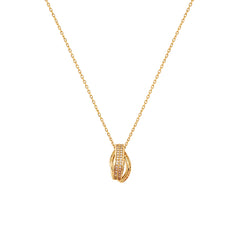 Gold-tone openwork pendant necklace with clear stone accents on a white background