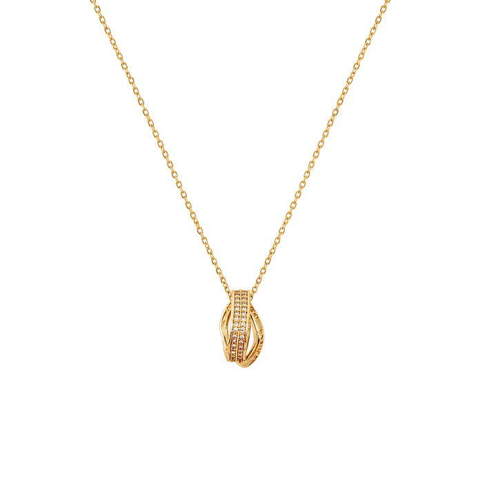 Gold-tone openwork pendant necklace with clear stone accents on a white background