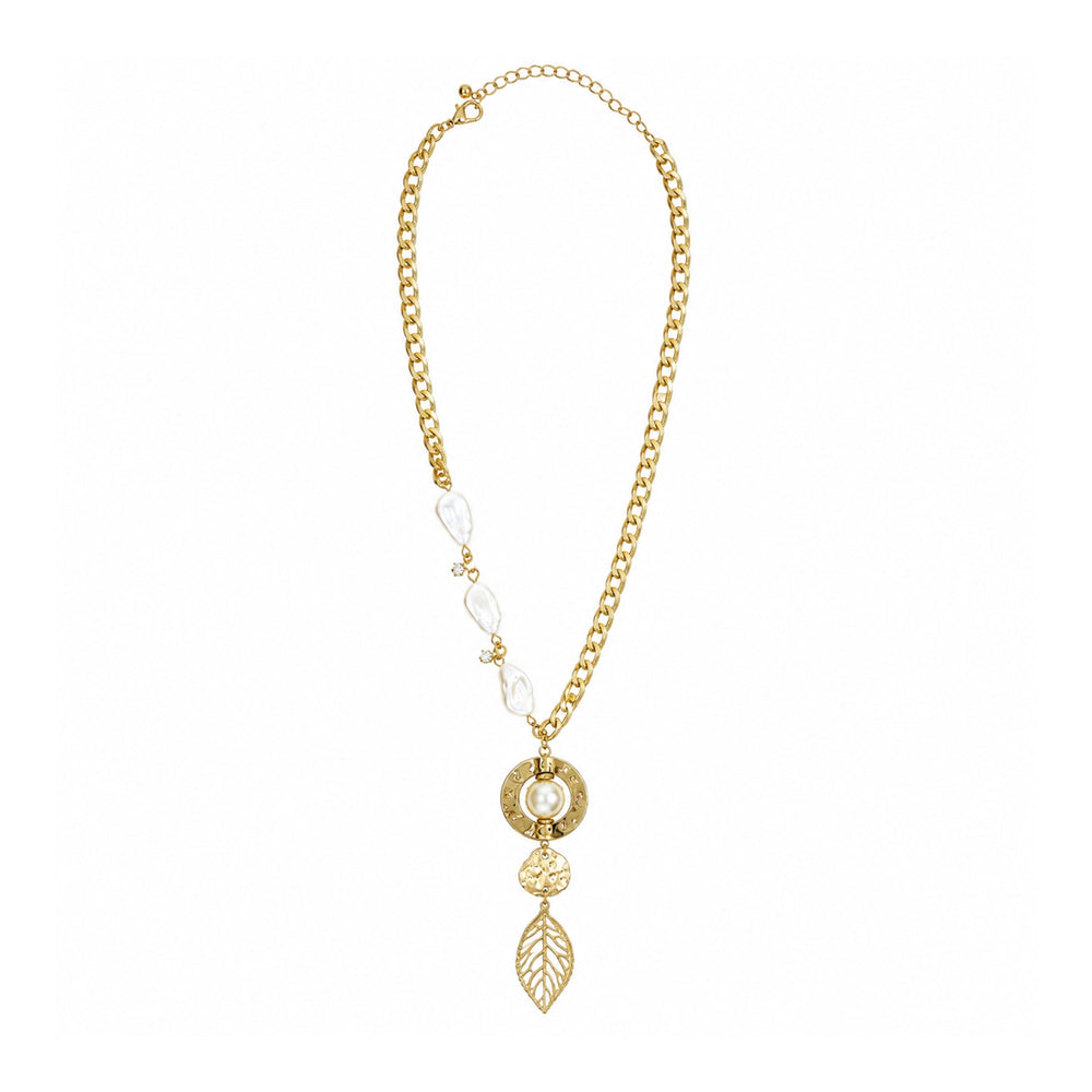 Gold-tone pearl-accent leaf drop necklace on a white background