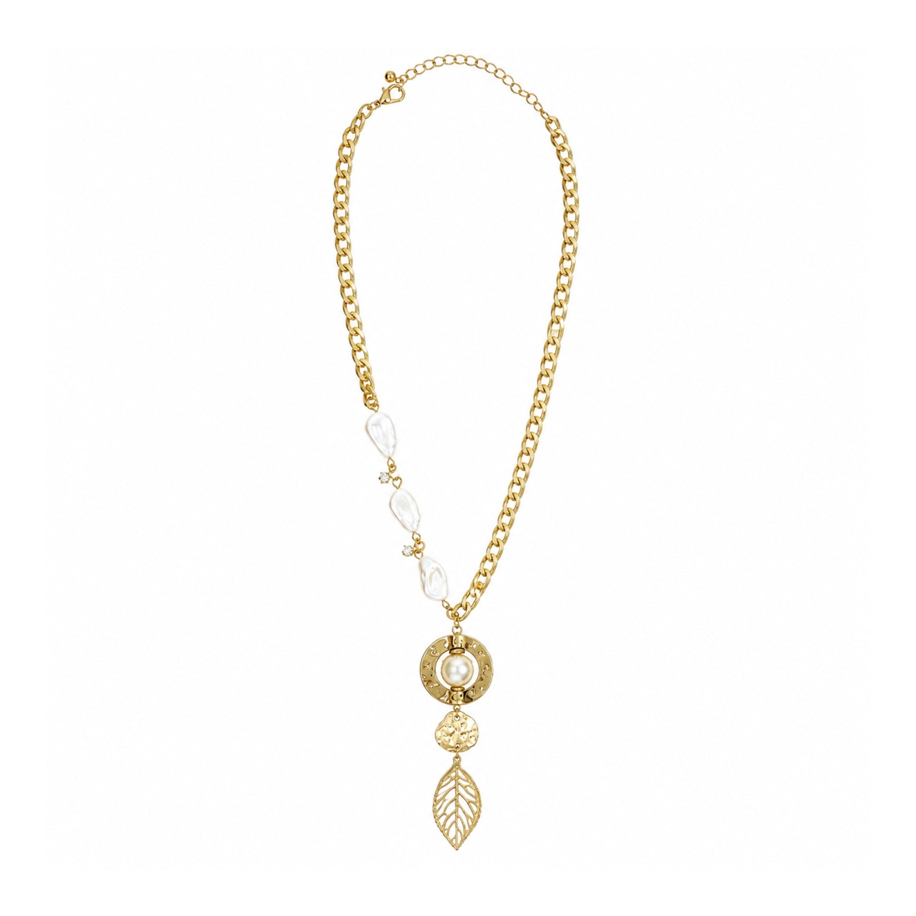 Gold-tone pearl-accent leaf drop necklace on a white background