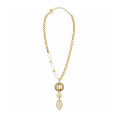 Gold-tone pearl-accent leaf drop necklace on a white background