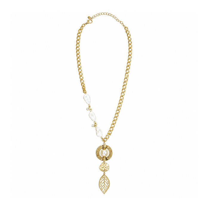 Gold-tone pearl-accent leaf drop necklace on a white background