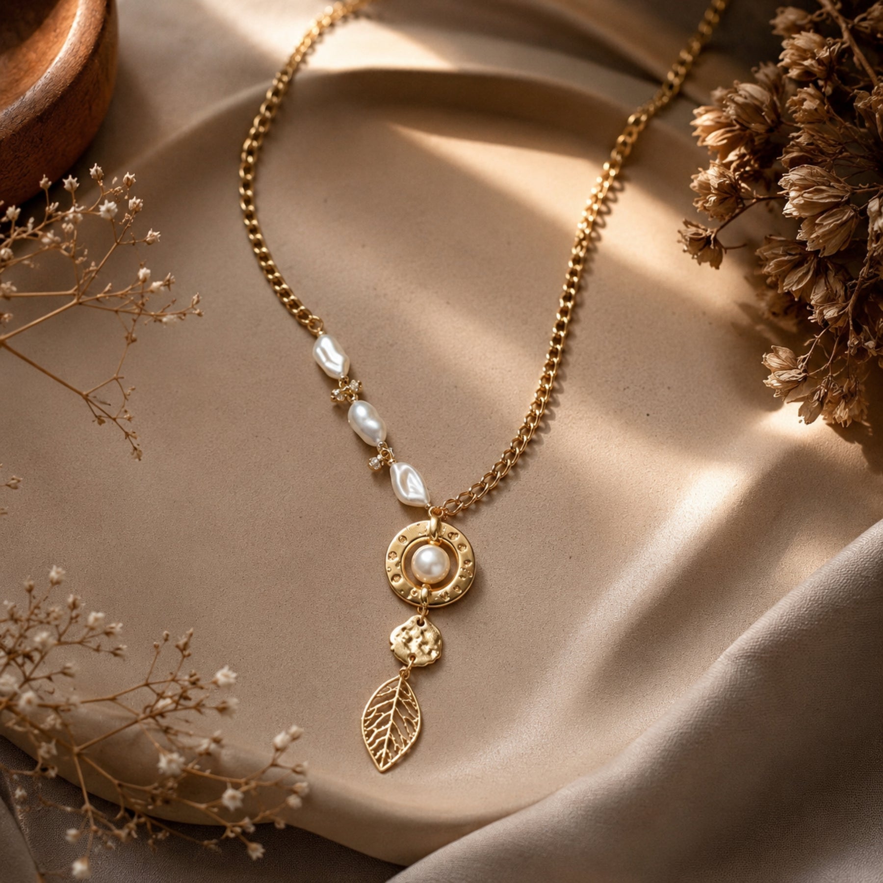 Gold-tone pearl-accent leaf drop necklace styled on a warm editorial background